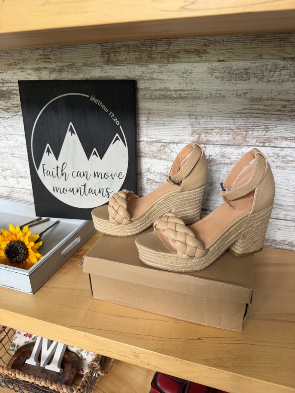 Braided Espadrille Platform Wedge Sandals in Beige